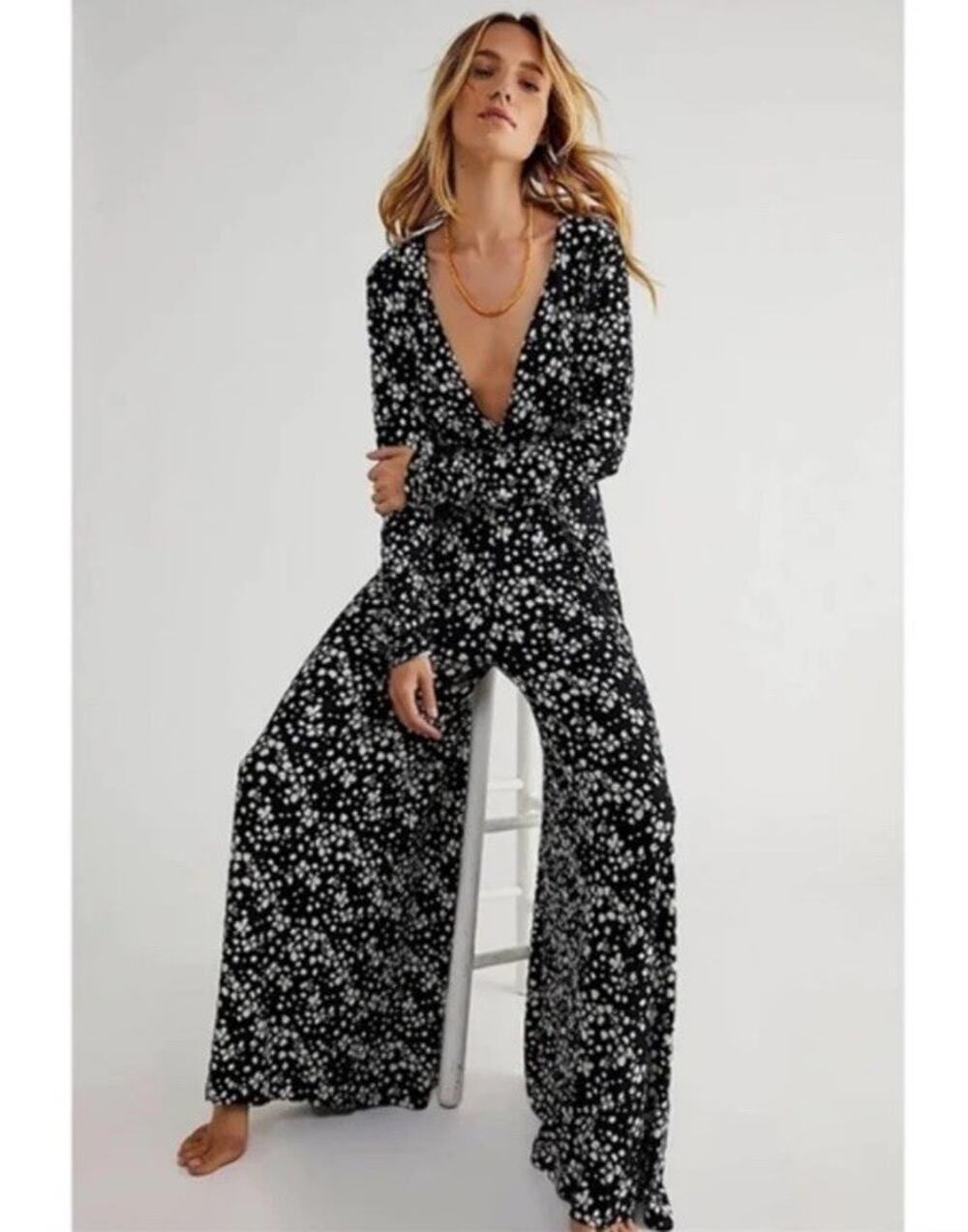 NWT Free People Printed Effortless Wide Leg Jumpsuit Dark Combo Size 2